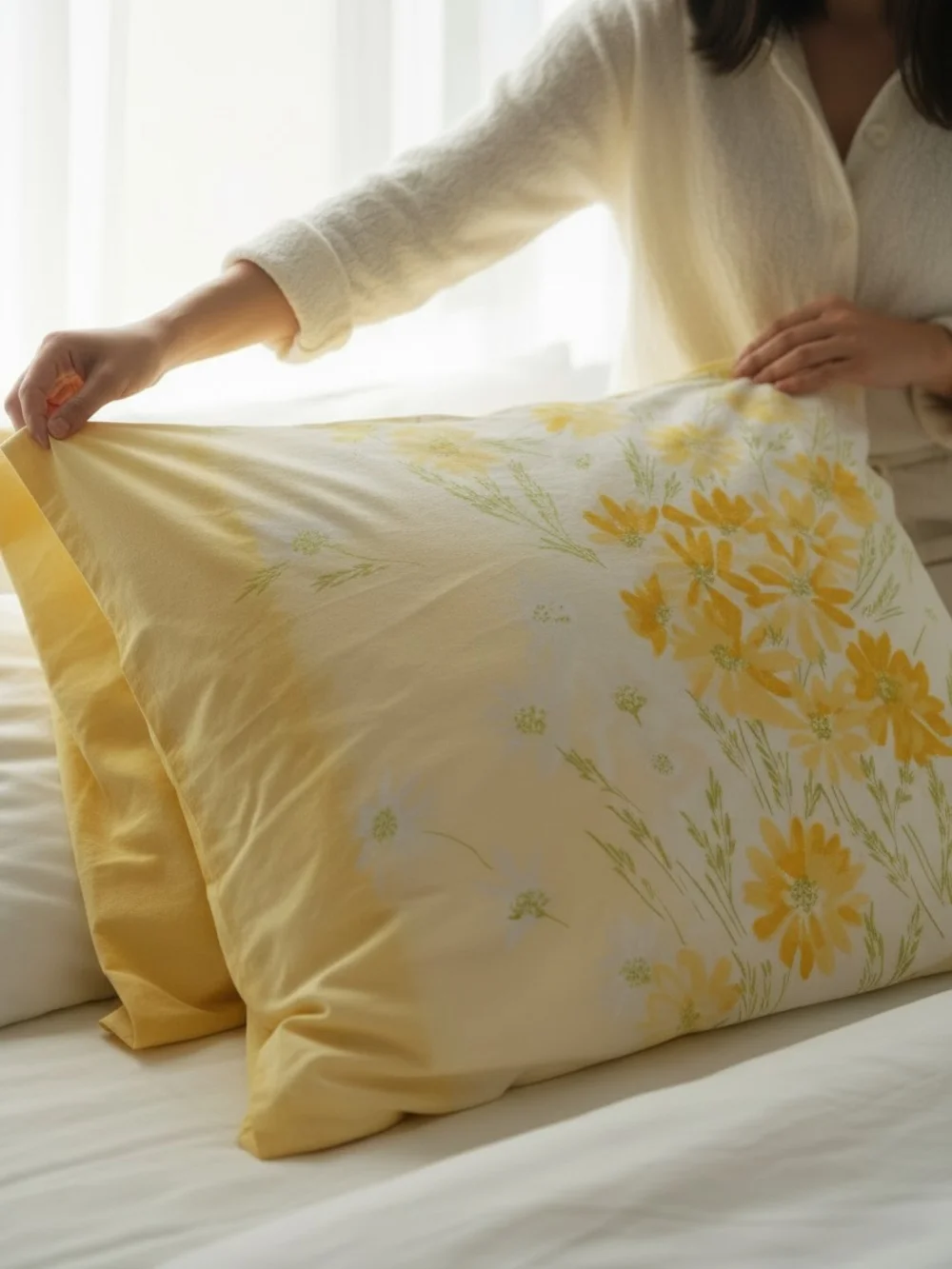 One Yellow Floral Cotton Pillowcase - Classic Home Bedding